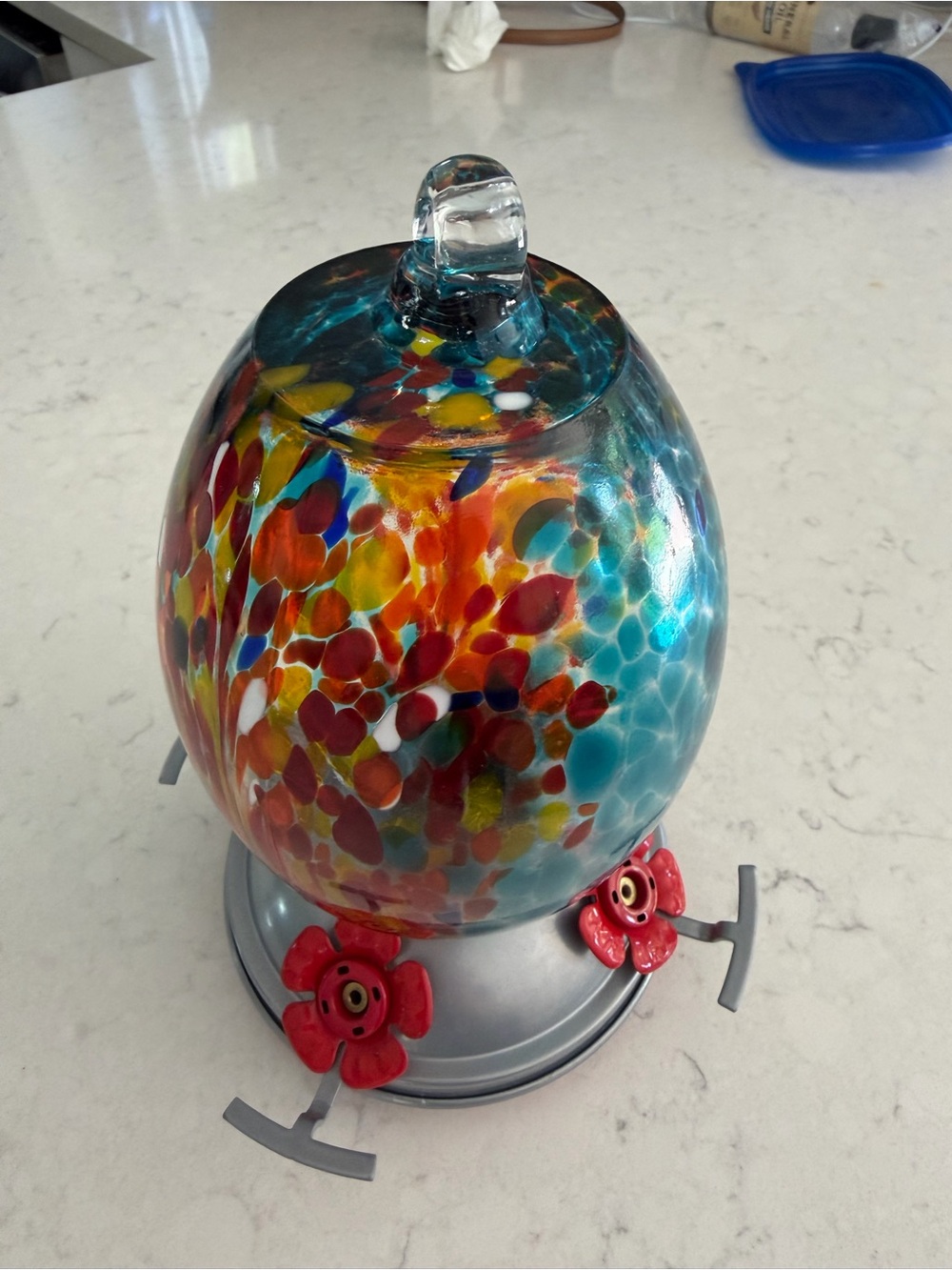 Multicolor Blown glass hummingbird feeder